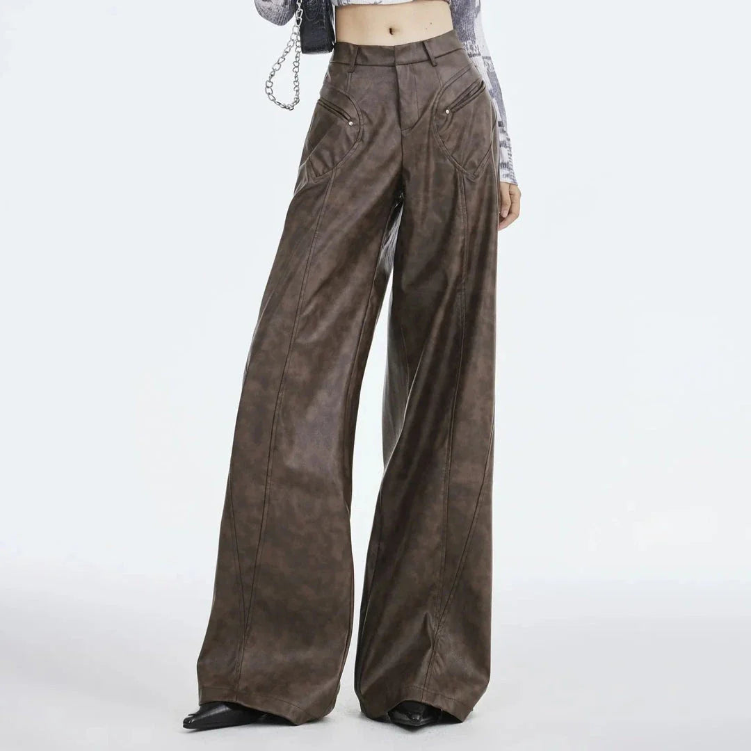 Faux leather wide leg trousers for middle-aged women, featuring a high-waist design and button-fly closure for a flattering fit.