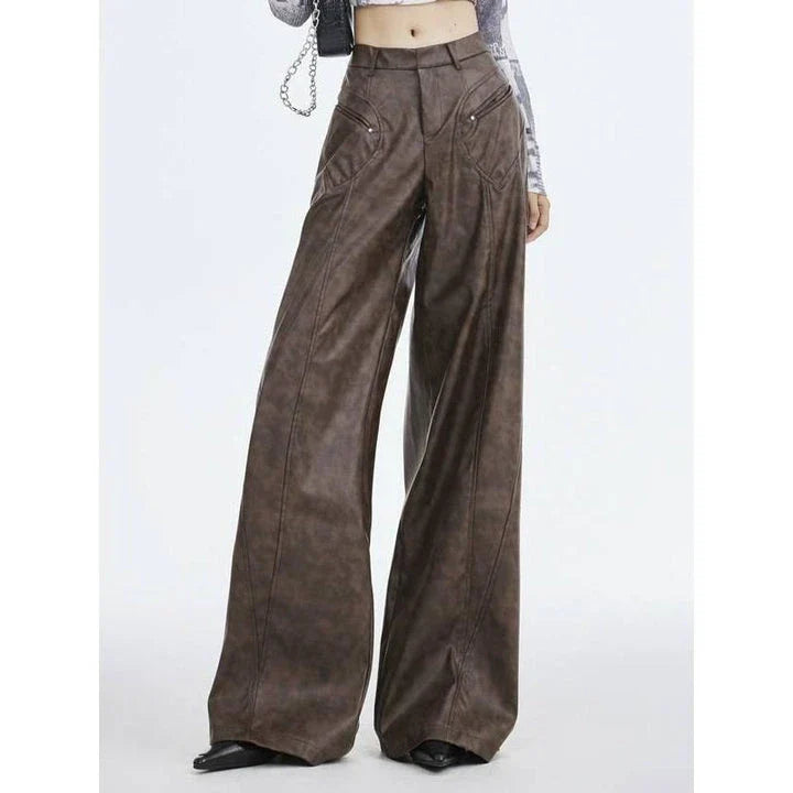 Faux leather wide leg trousers for middle-aged women, featuring a high-waist design and button-fly closure for a flattering fit.