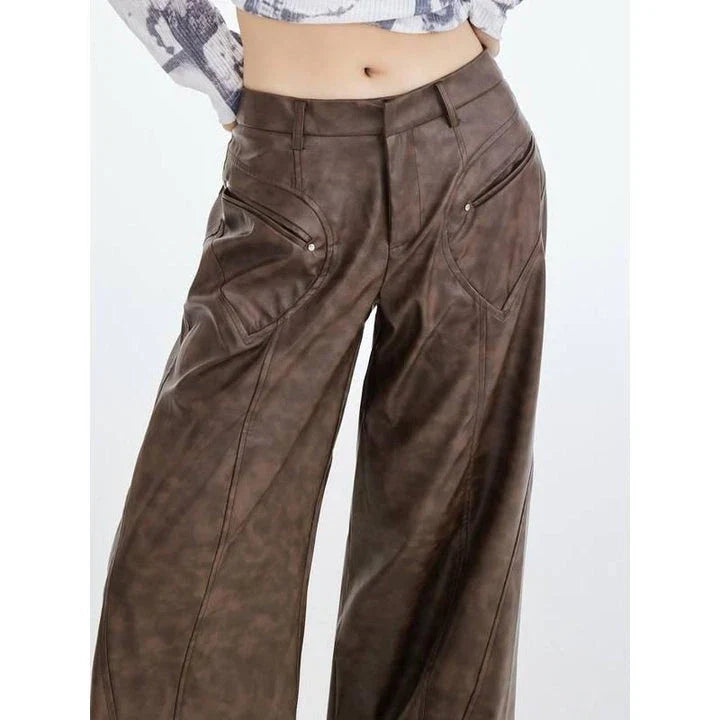Faux leather wide leg trousers for middle-aged women, featuring a high-waist design and button-fly closure for a flattering fit.
