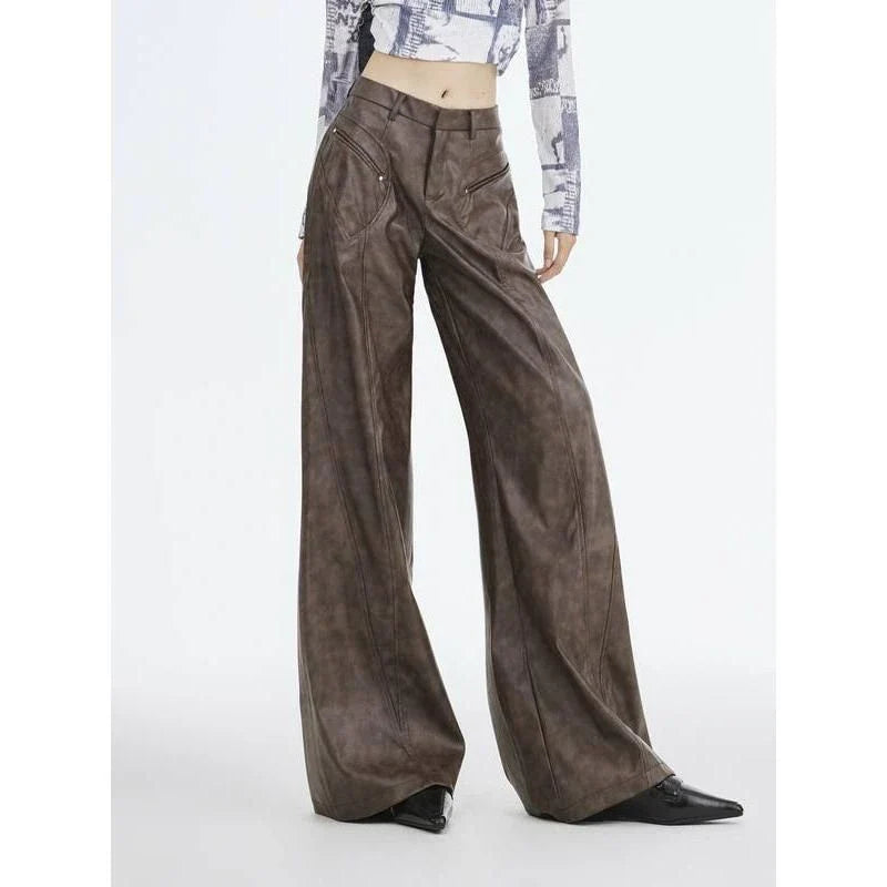 Faux leather wide leg trousers for middle-aged women, featuring a high-waist design and button-fly closure for a flattering fit.