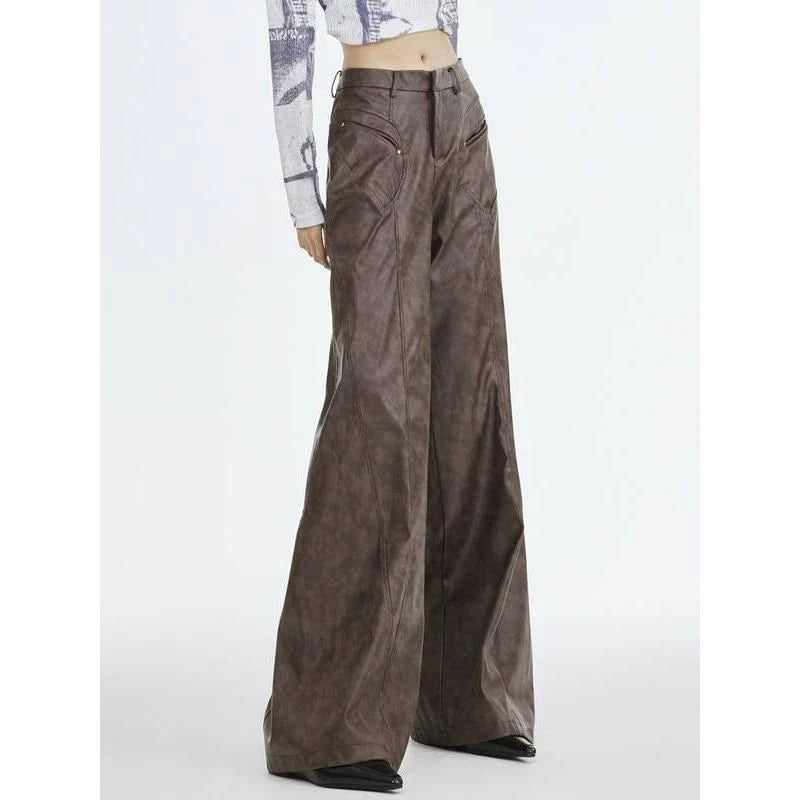 Faux leather wide leg trousers for middle-aged women, featuring a high-waist design and button-fly closure for a flattering fit.