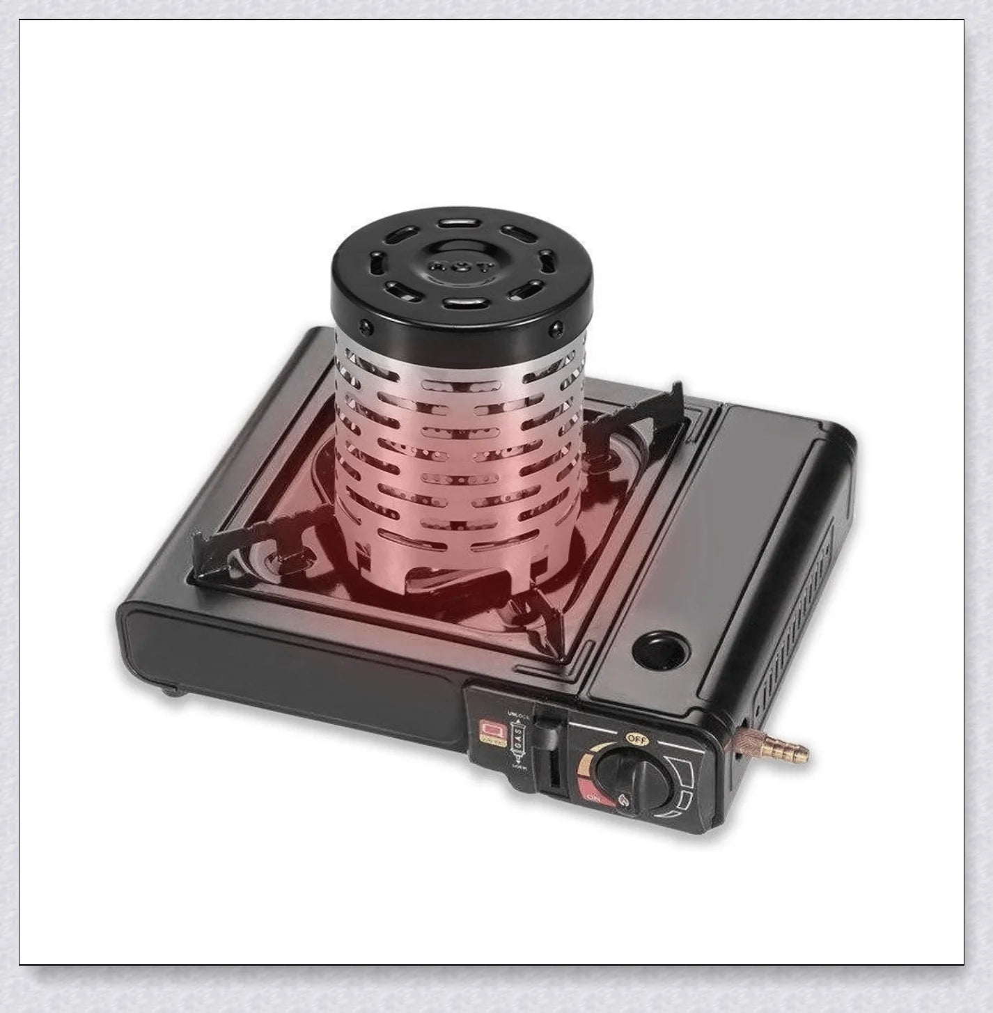 Portable propane gas heater for tent, designed for cosy outdoor experiences in the UK.