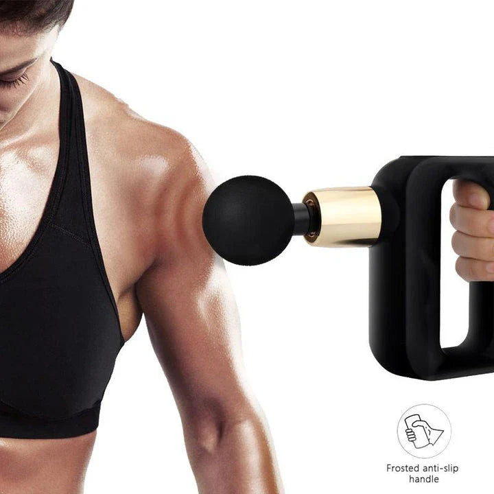 Portable mini massage gun with 4 interchangeable heads for deep muscle relief and recovery