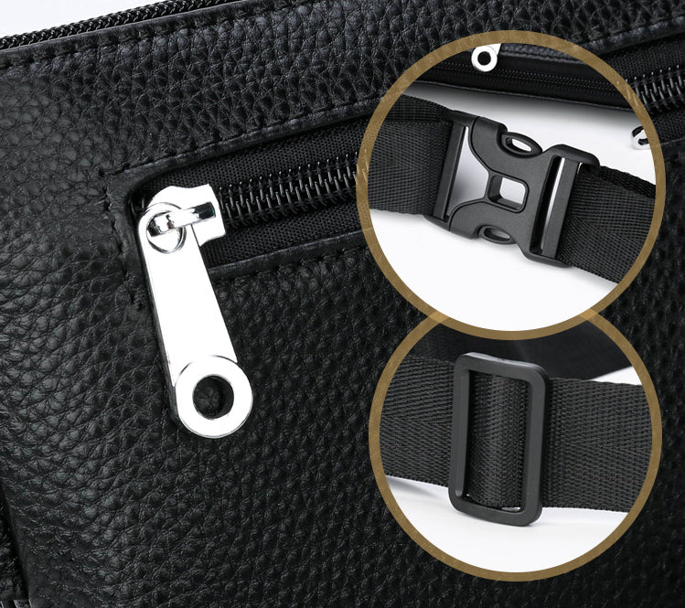 A stylish and durable men's leather chest bag with a positive dragon design, perfect for active urban lifestyles.