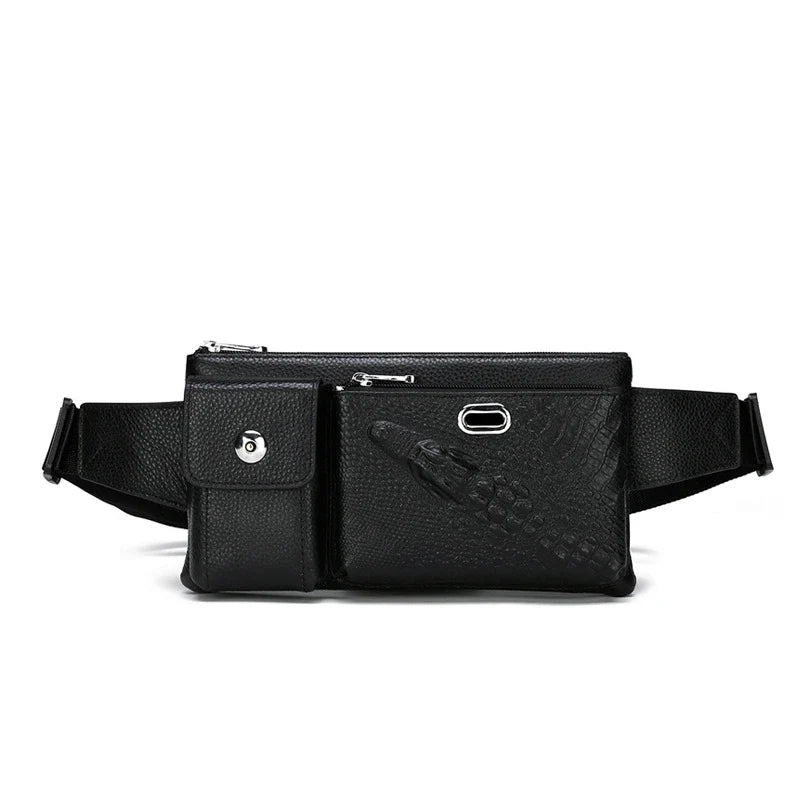 A stylish and durable men's leather chest bag with a positive dragon design, perfect for active urban lifestyles.