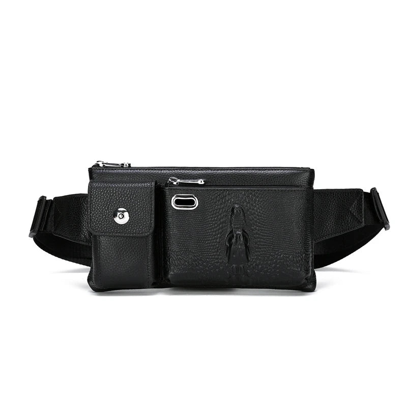 A stylish and durable men's leather chest bag with a positive dragon design, perfect for active urban lifestyles.