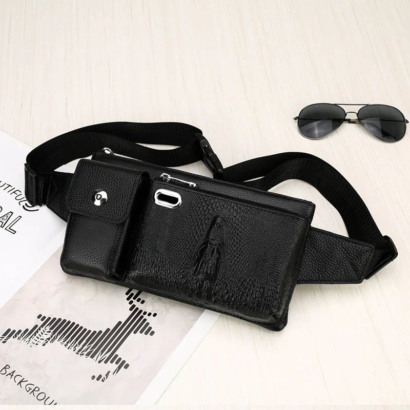 A stylish and durable men's leather chest bag with a positive dragon design, perfect for active urban lifestyles.