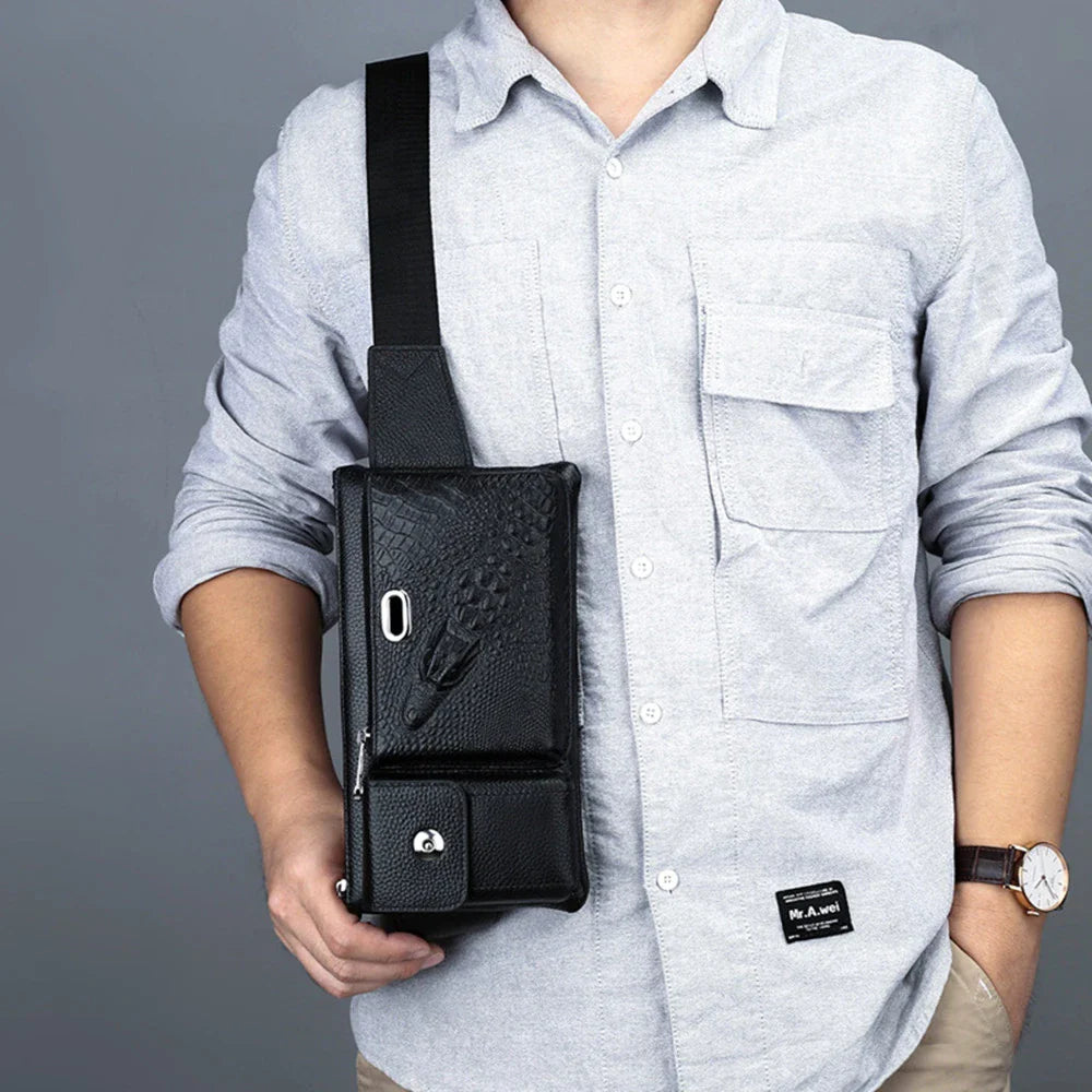 A stylish and durable men's leather chest bag with a positive dragon design, perfect for active urban lifestyles.