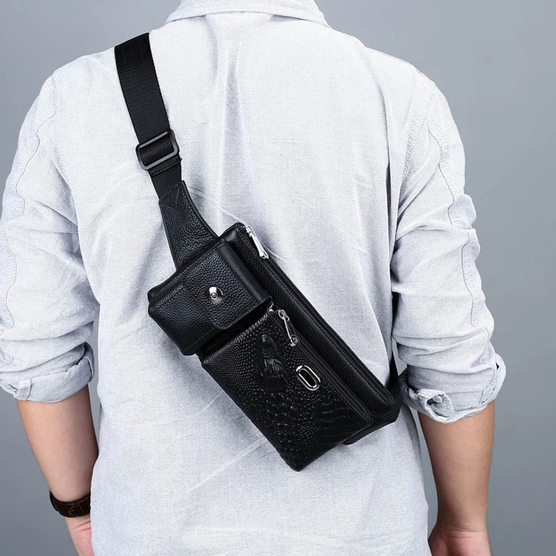 A stylish and durable men's leather chest bag with a positive dragon design, perfect for active urban lifestyles.