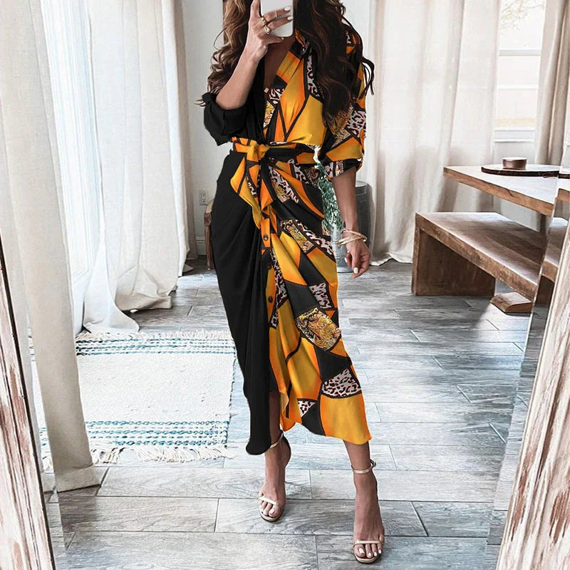 Elegant European and American printed maxi dress with long sleeves and lace-up detailing in various floral prints and colors