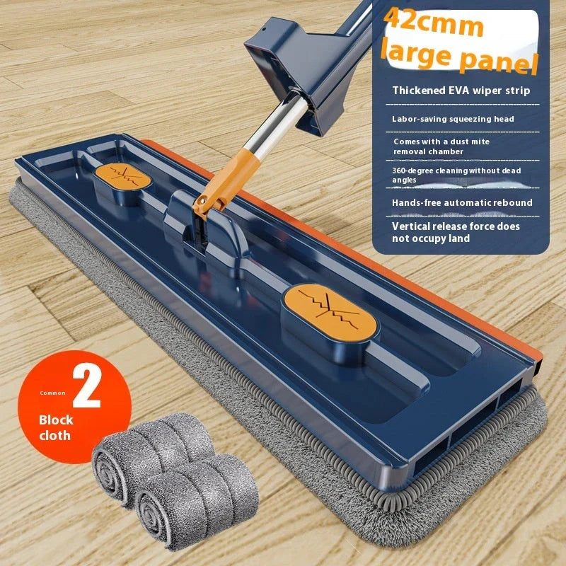 A premium 360° rotating flat mop with a stainless steel handle, suitable for cleaning various flooring types in homes.