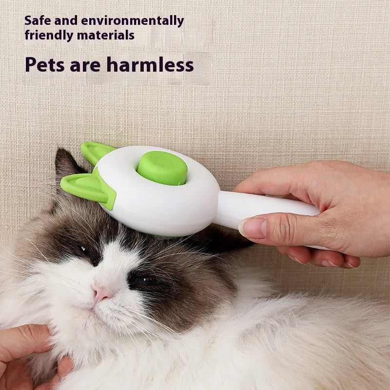 Dual-purpose pet grooming brush with self-cleaning design, available in greenish white and orange white colors