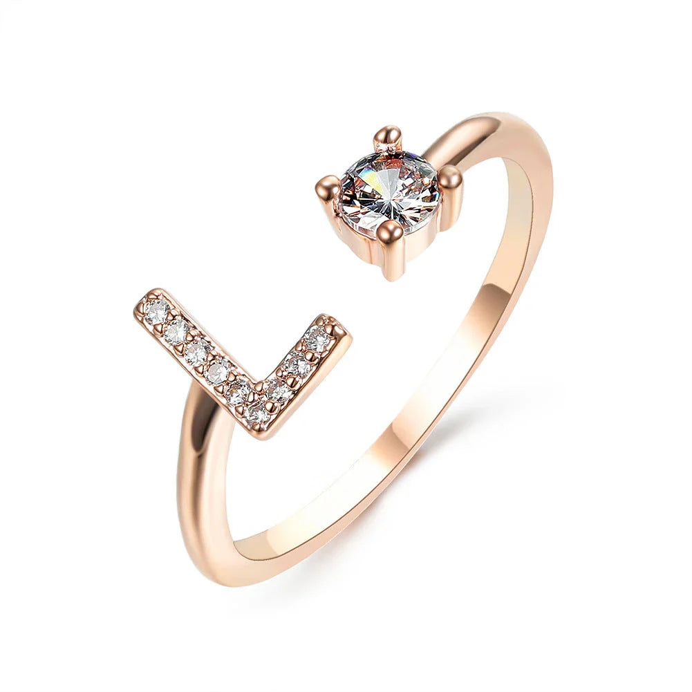 Personalized Initial Letter Crystal Ring with Adjustable Design in Gold, Silver, and Rose Gold Colors