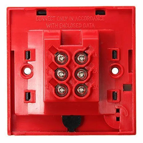 Red 24VDC wired emergency fire alarm button with hand breaking glass and fireproof material construction.