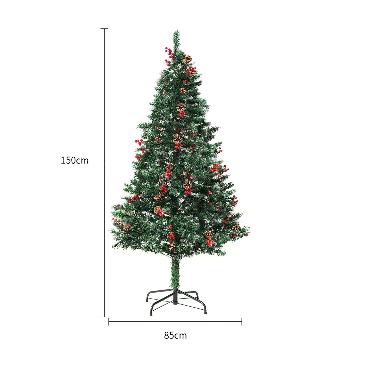 Green and white snow-dusted artificial Christmas tree on a metal stand, showing detailed PVC branches.