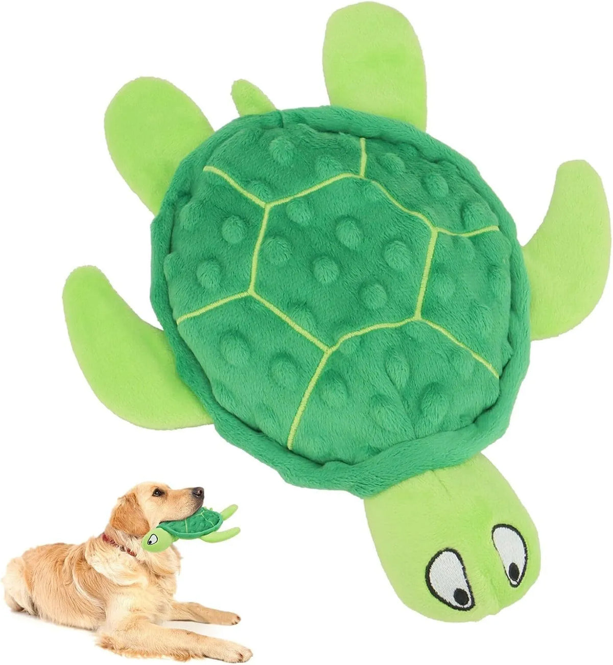 Blue sea turtle plush dog toy with squeaker, crinkle and rattle sounds for small dogs.