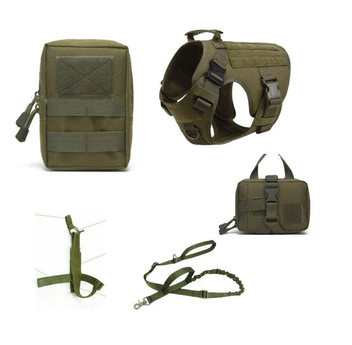 Premium tactical dog harness with reinforced metal buckles, customizable morale patches, and a top handle for control and lifting.