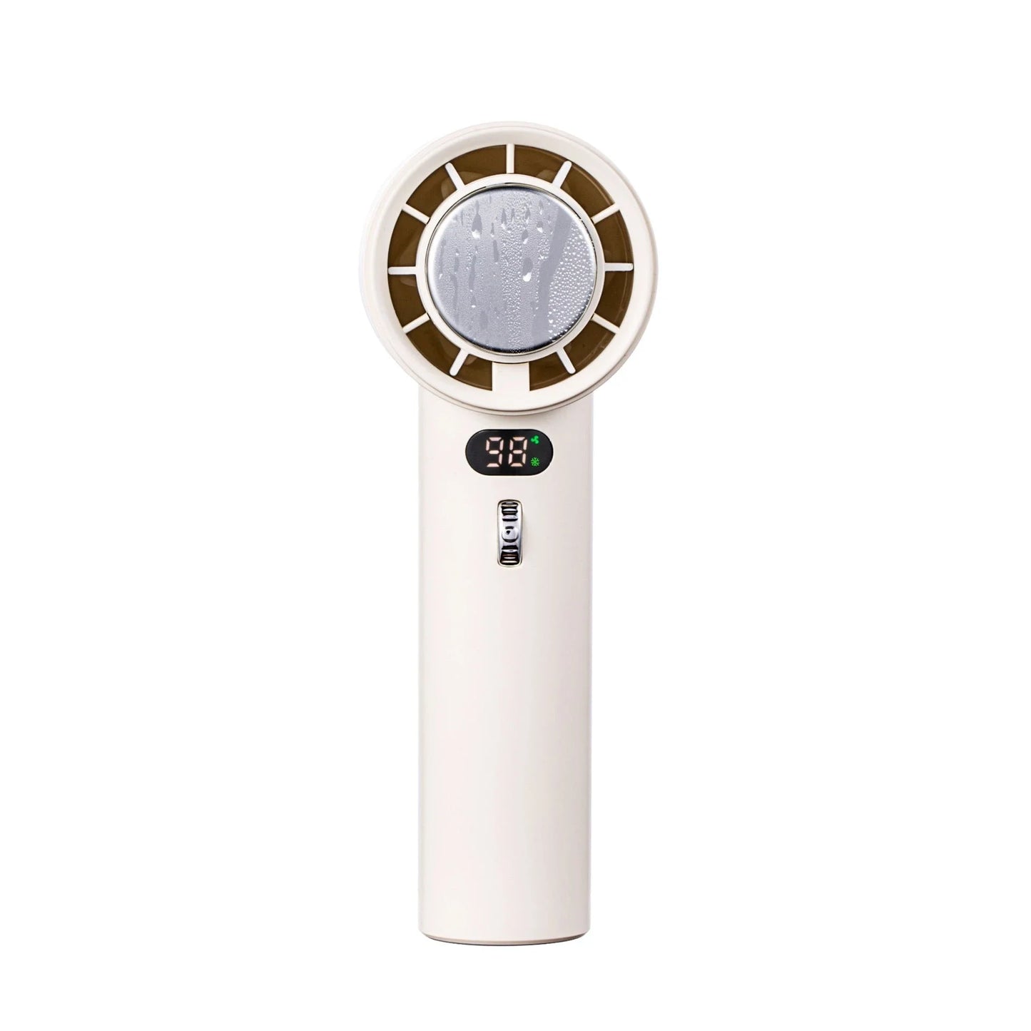Powerful portable handheld turbine fan with cooling system, adjustable airflow, long-lasting battery, and compact design for on-the-go refreshment.