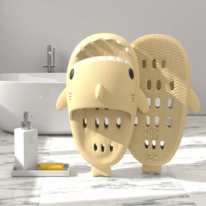Stylish shark-themed shower slides with drainage holes and non-slip soles, made of lightweight and quick-drying EVA material