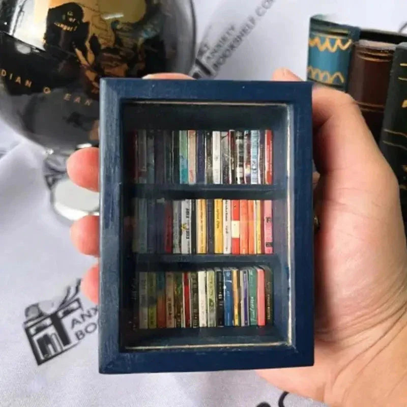 Calming wooden bookshelf ornament with 60 miniature books for stress relief and desktop decor