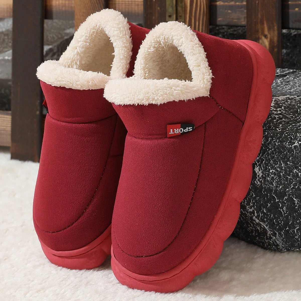 Cosy velvet house slippers for men and women, featuring plush velvet upper, suede lining, and durable rubber soles