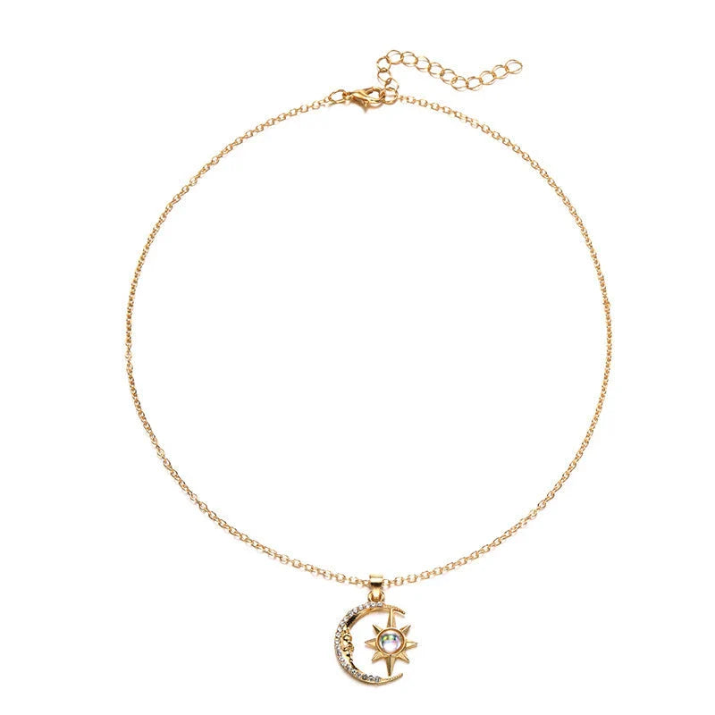 Stylish moon and star zircon pendant necklace with a dazzling celestial design and stainless steel construction