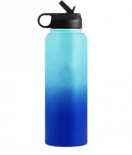 Stainless steel insulated water bottle with wide mouth and push-button lid for hot and cold beverages