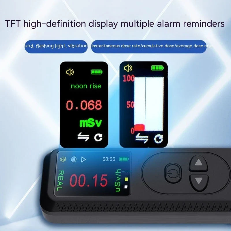 Portable radiation detector with TFT color display, sound alarm, and compact design for on-the-go use