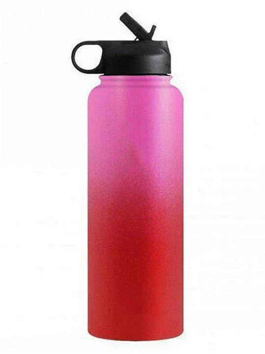 Stainless steel insulated water bottle with wide mouth and push-button lid for hot and cold beverages
