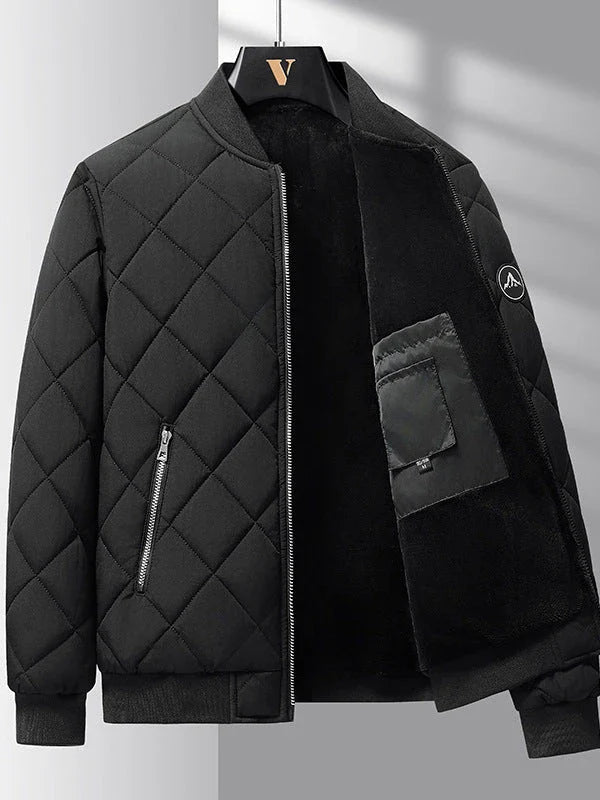 Insulated cotton jacket with rhombic-sewing design, available in khaki and black colors.