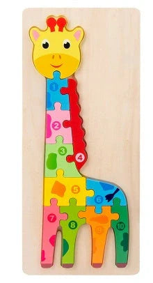 A charming wooden puzzle featuring a variety of cartoon animal designs, including a steamship, aircraft, dinosaur, and more.