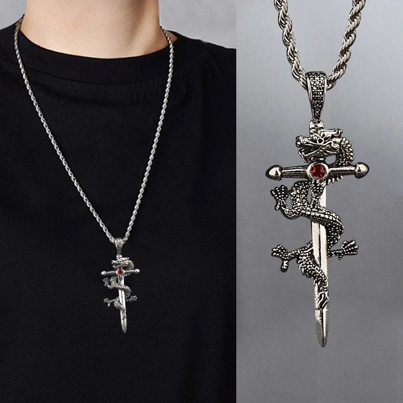 Dragon Sword Pendant Necklace with unique dragon or cross design on a 60cm hemp flower chain