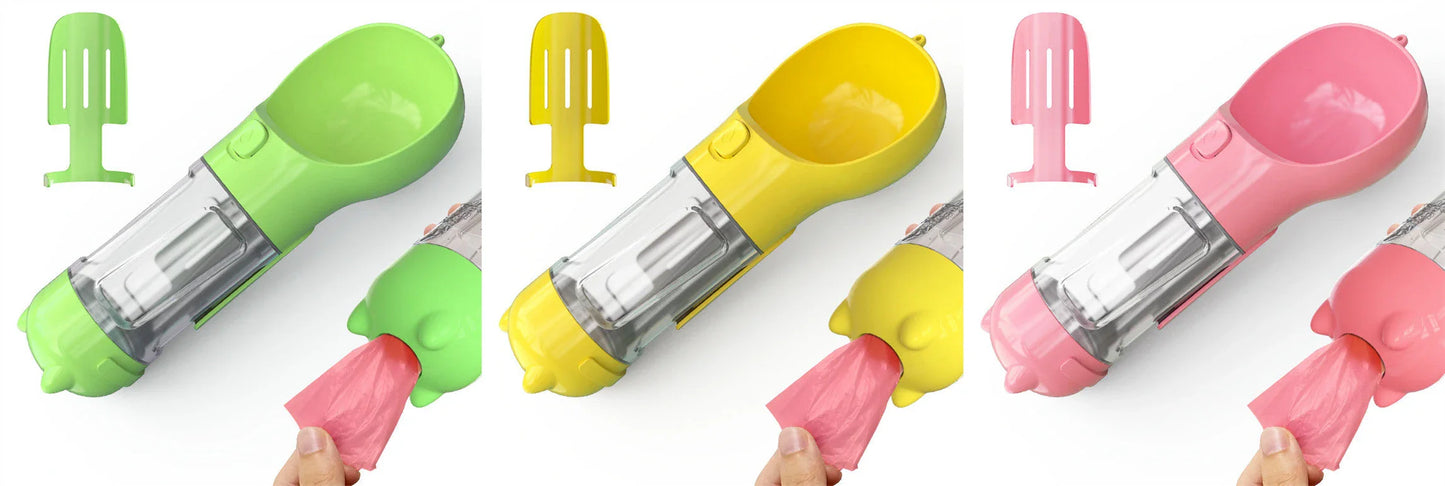 Multipurpose Pet Water Bottle with Feeding Bowl and Waste Bag Storage - Durable, Portable, and Convenient