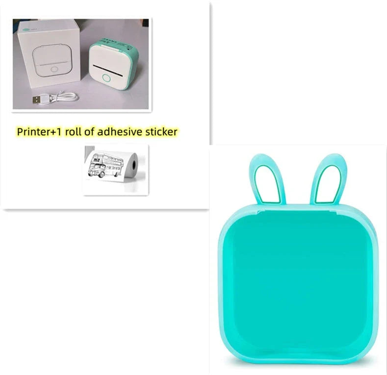 Compact Bluetooth-enabled thermal label printer in white, pink, and green colors with various label options
