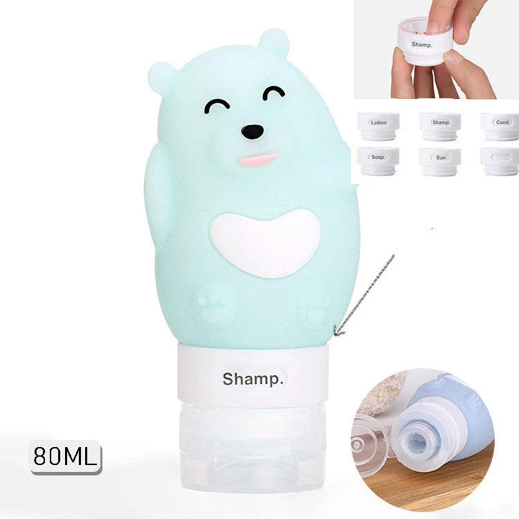 Portable animal-shaped silicone travel bottles for shampoo, shower gel, and lotion in various vibrant colors and designs