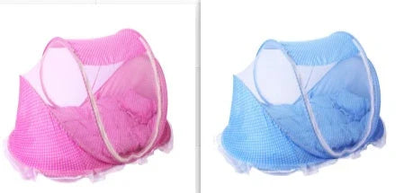 Breathable insect-free foldable baby travel cot with integrated mattress and pillow, available in blue, pink and blue-and-pink colour options
