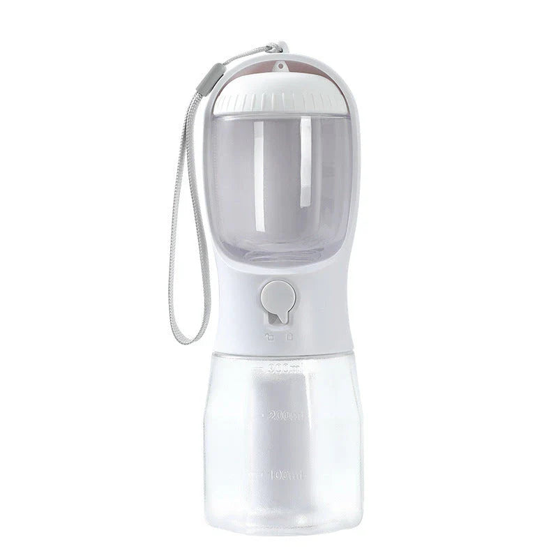Portable 3-in-1 pet water bottle with built-in filtration system, food container, and waste bag storage compartment