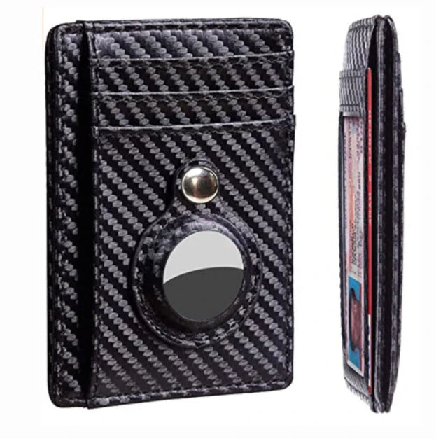 Premium leather wallet with built-in AirTag pocket and RFID blocking technology for secure everyday carry