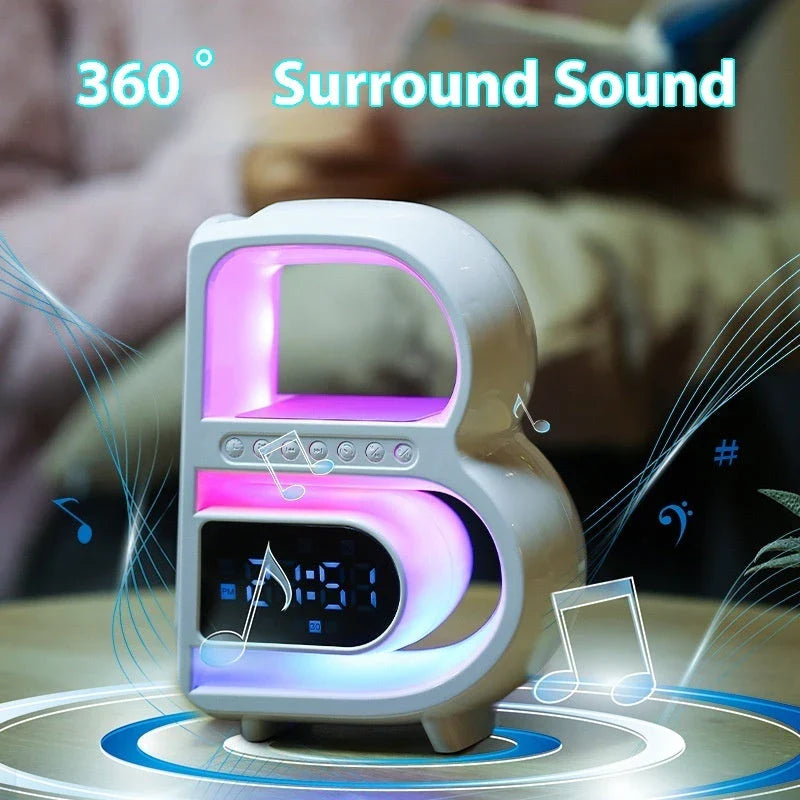 Multifunctional B-shaped Bluetooth speaker lamp with wireless charging, adjustable lighting, and alarm clock features