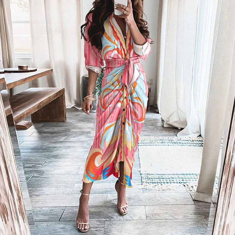 Elegant European and American printed maxi dress with long sleeves and lace-up detailing in various floral prints and colors