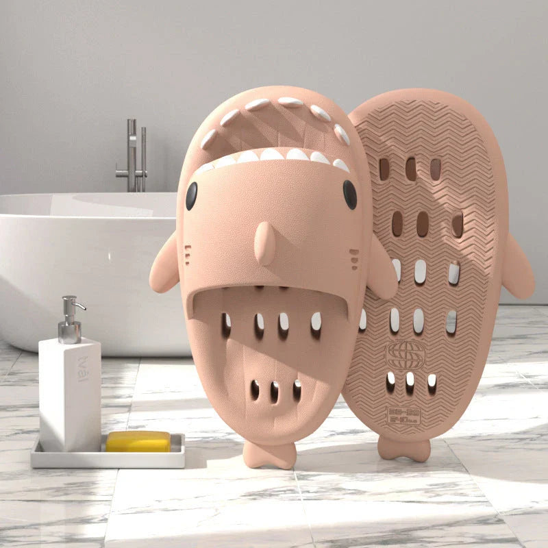 Stylish shark-themed shower slides with drainage holes and non-slip soles, made of lightweight and quick-drying EVA material