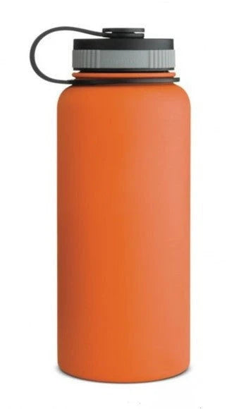 Stainless steel insulated water bottle with wide mouth and push-button lid for hot and cold beverages