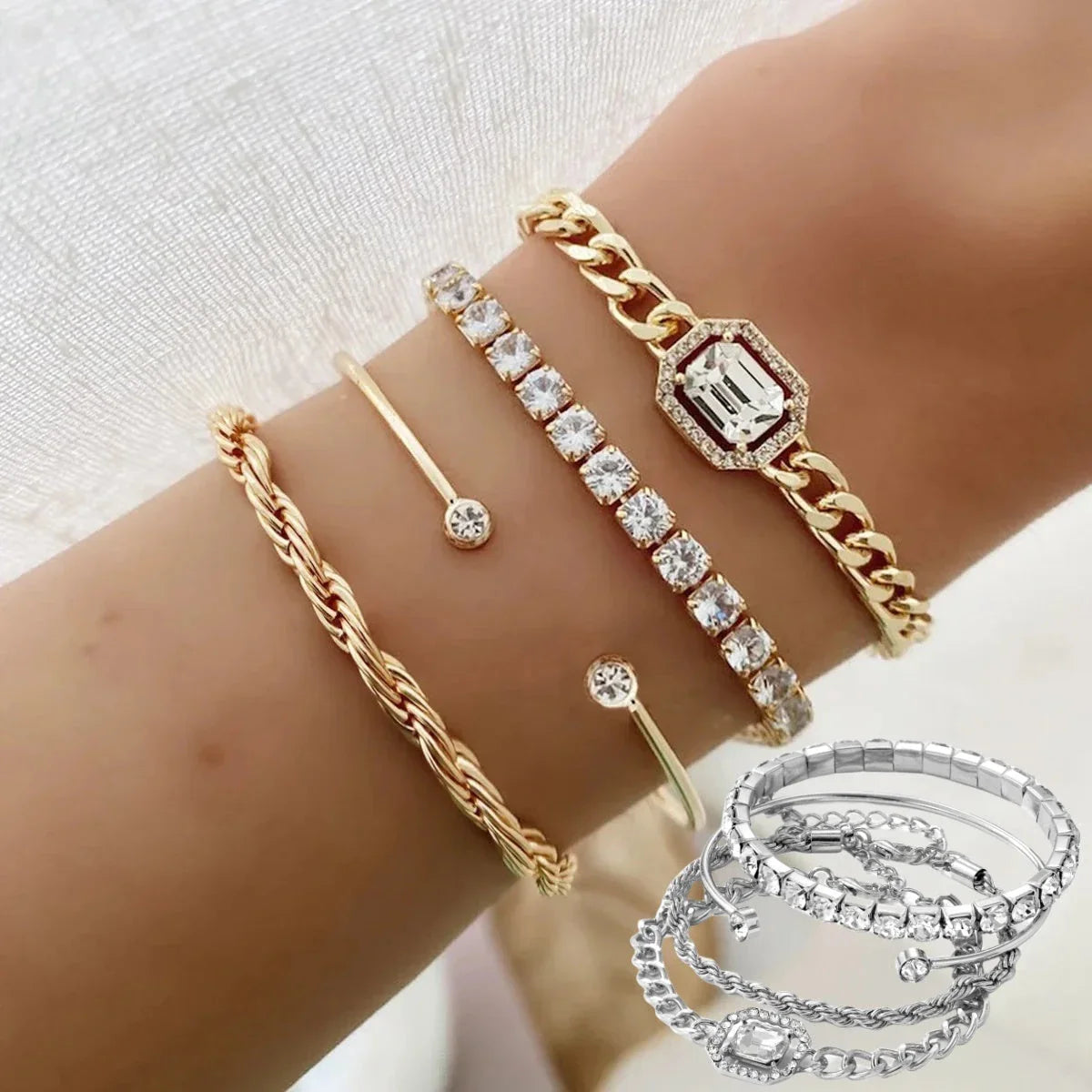 4-piece crystal bracelet set with boho-chic design, featuring sparkling rhinestones and adjustable alloy construction