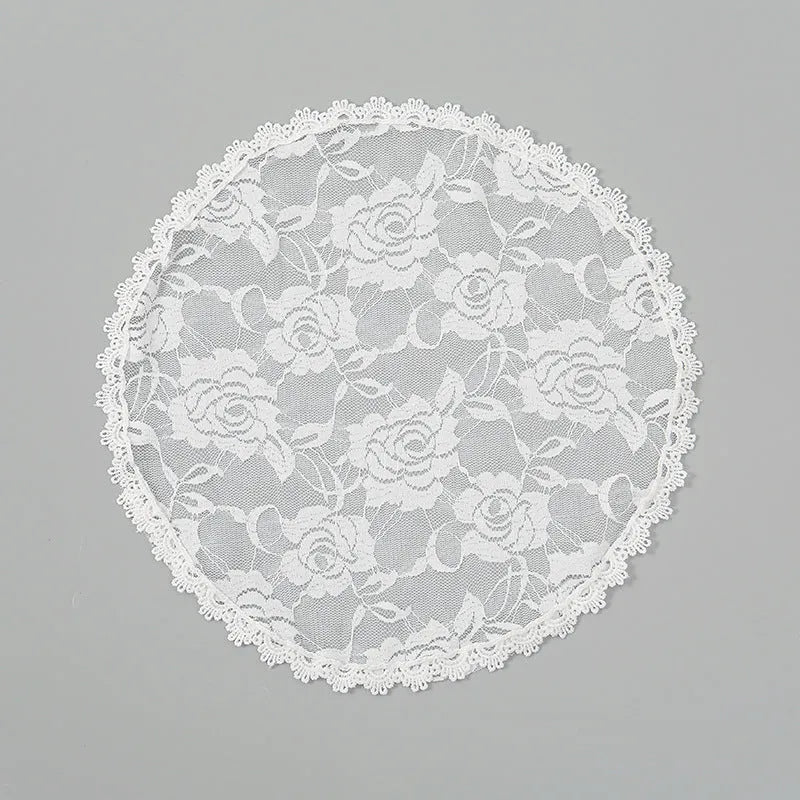 Round white floral polyester head cover accessory for brides measuring 30cm