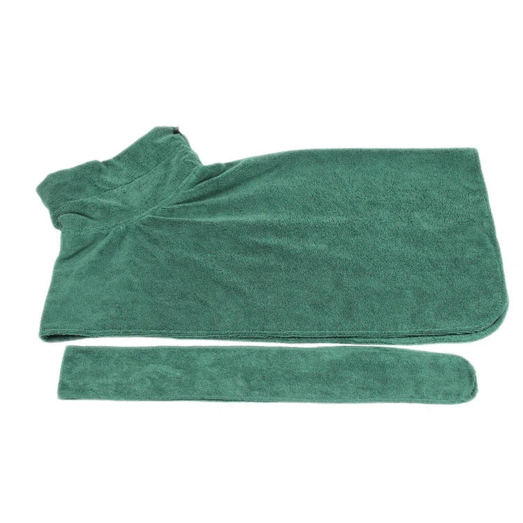 Absorbent pet drying robe with adjustable waist wrap, made of premium microfiber and terry cloth for quick drying and comfort