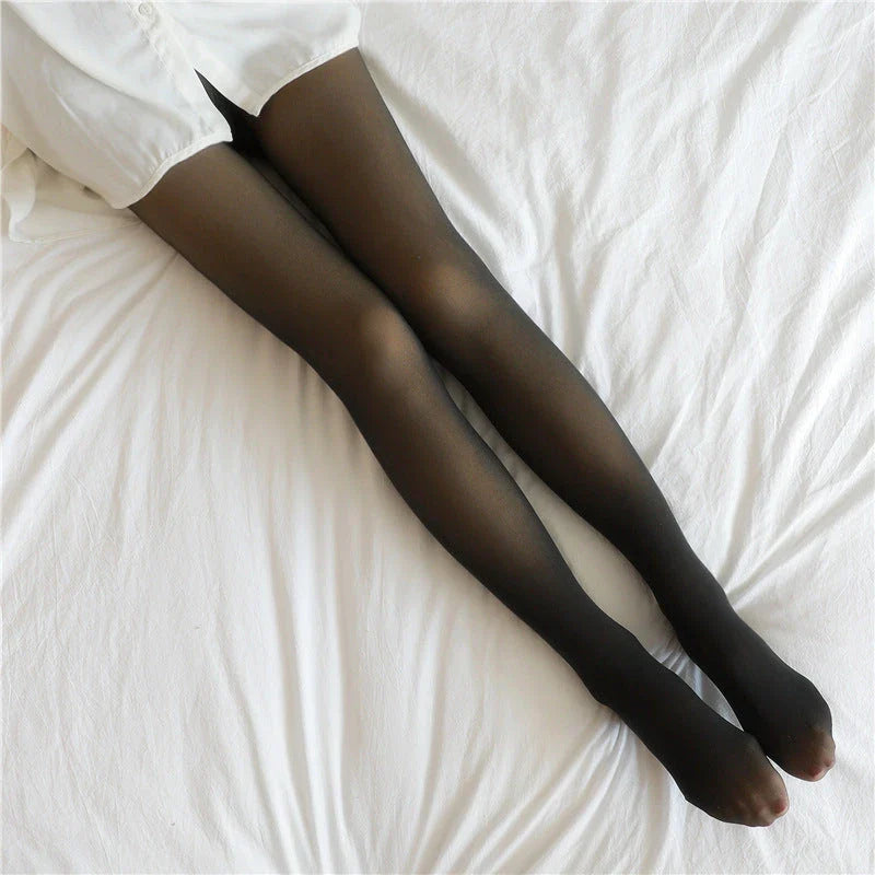 Cozy fleece-lined tights in various colors, featuring a unique translucent design and high-waisted fit for warmth and style.
