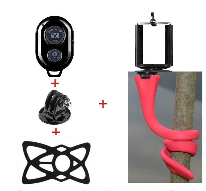 Flexible octopus-inspired mobile phone holder with adjustable tentacles and Bluetooth remote control for stable, high-quality mobile photography and videography