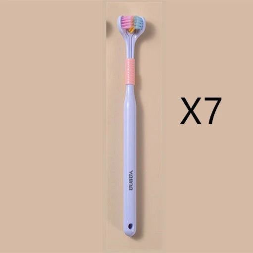 A soft bristle toothbrush with a unique triple-sided brush head for deep cleaning and customizable bristle firmness.