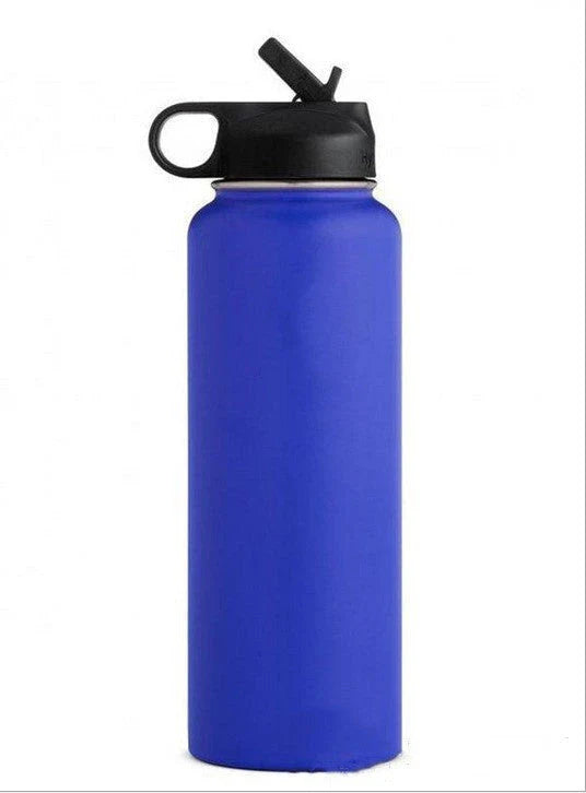 Stainless steel insulated water bottle with wide mouth and push-button lid for hot and cold beverages
