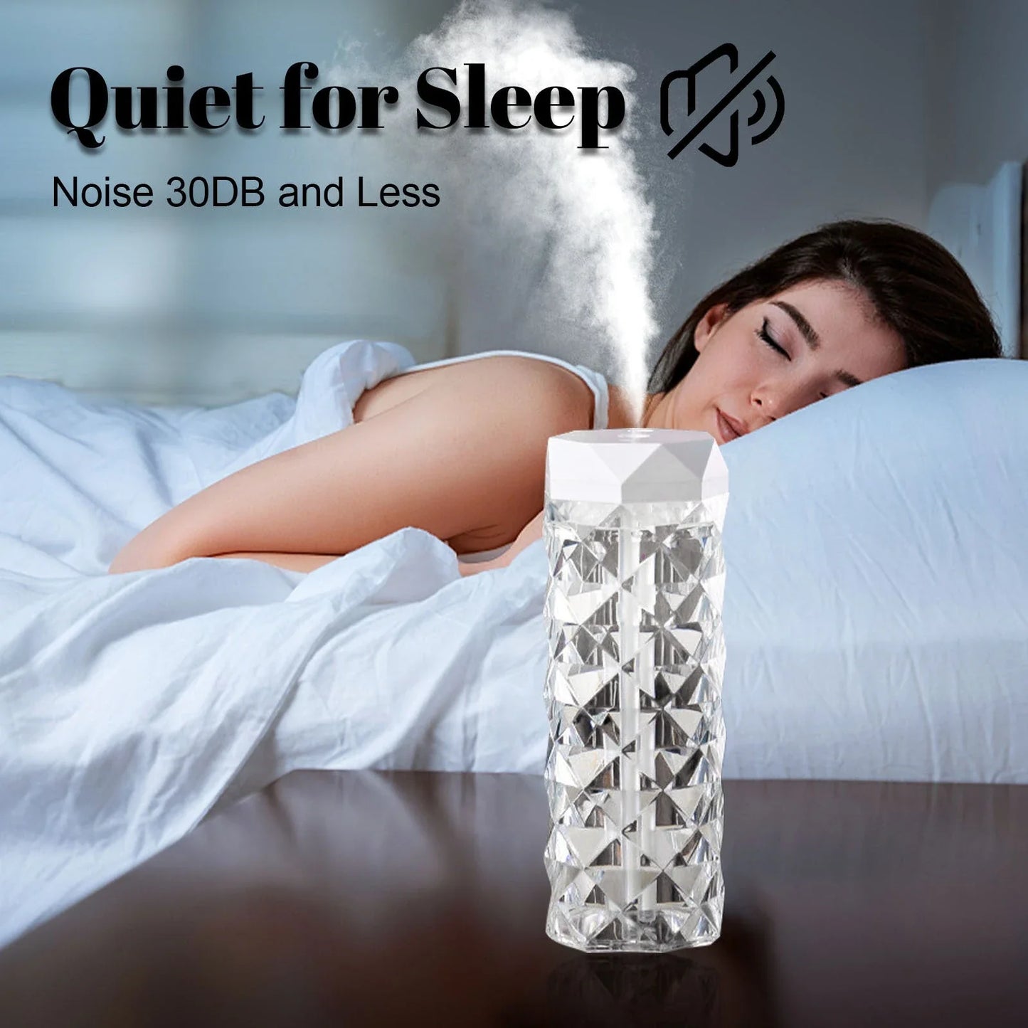 Crystal-like lamp humidifier with adjustable mist and lighting for a soothing, relaxing atmosphere